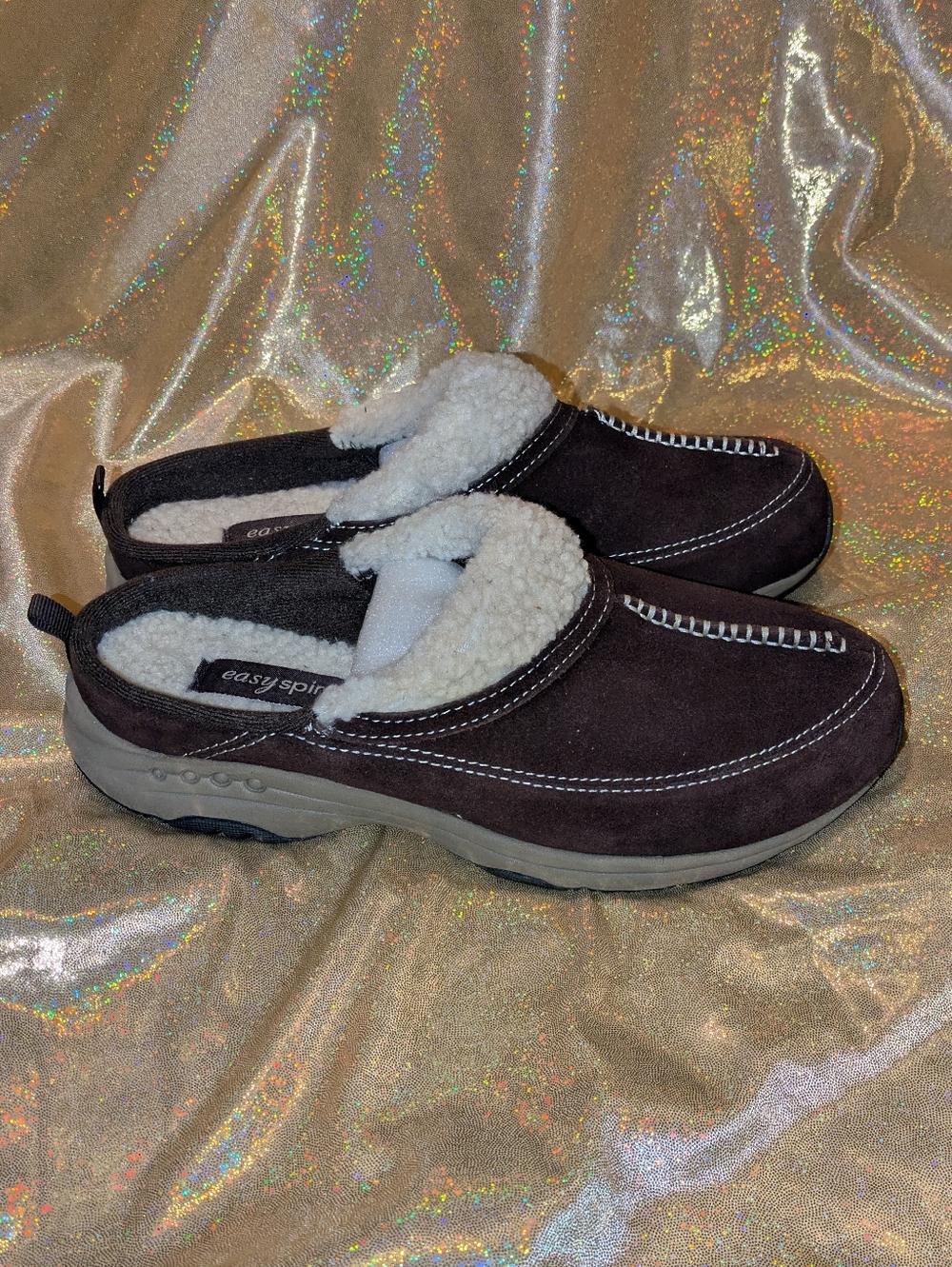Easy Spirit Estravelwind 9.5 Slip On Clogs Mules Brown Suede Leather Sherpa NEW